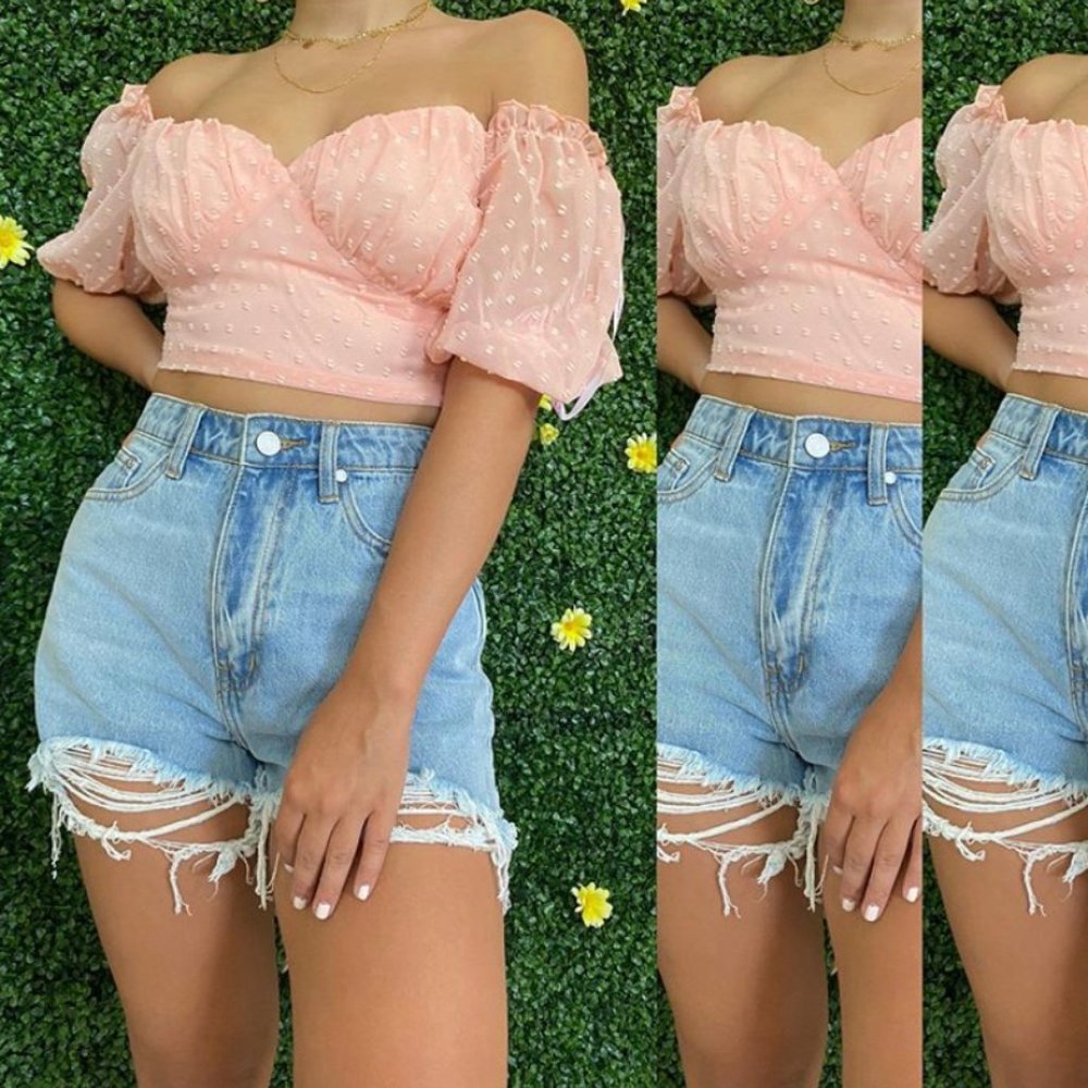 MARGA coral dobby mesh milkmaid crop top